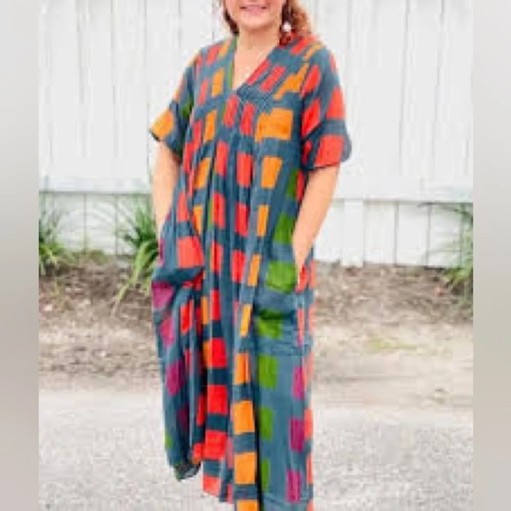 Dolma Skye Dress Geometric Block Printed Petrol Size M Medium Boho Relaxed Fit - Picture 14 of 15